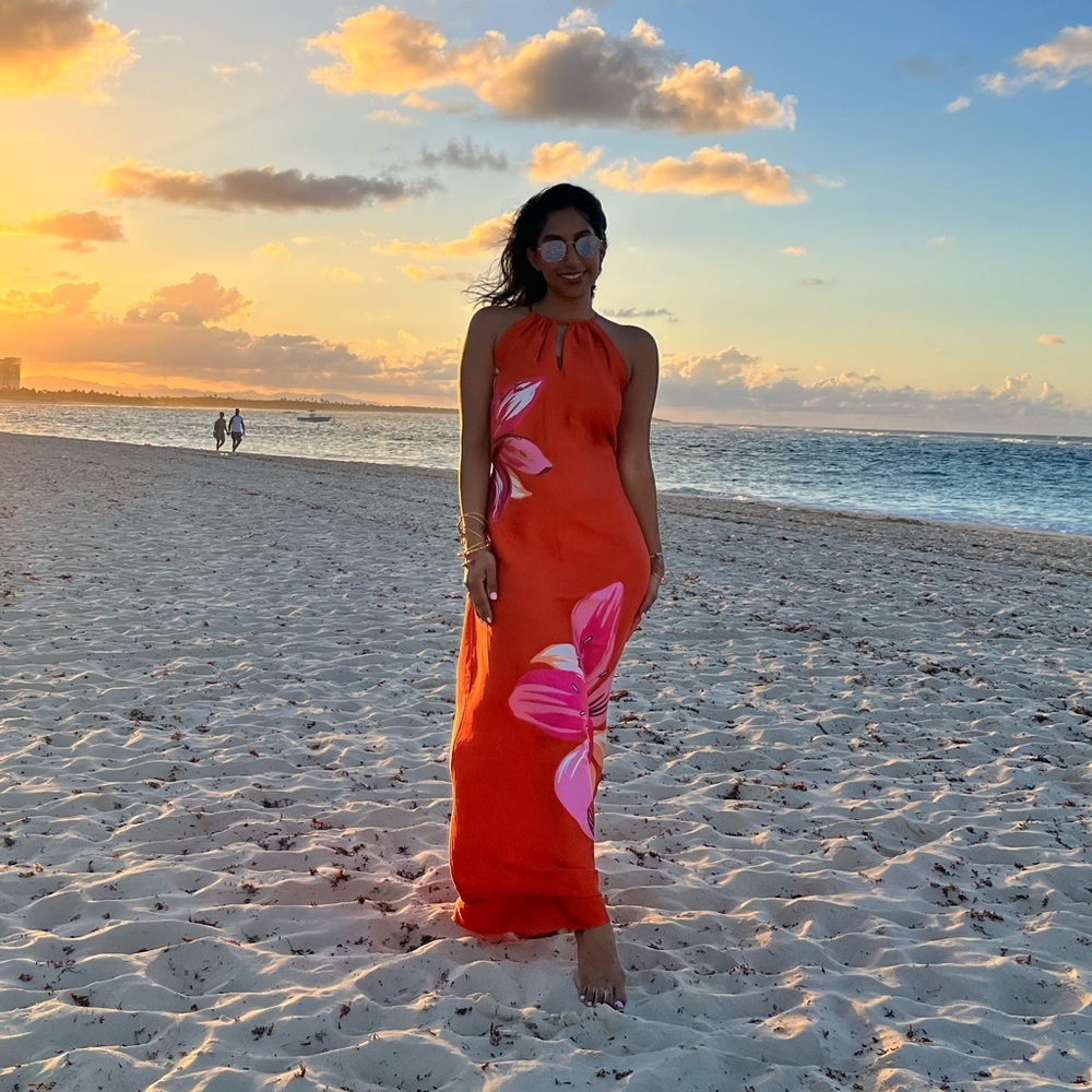 SunsetOrange Floral Maxi Dress